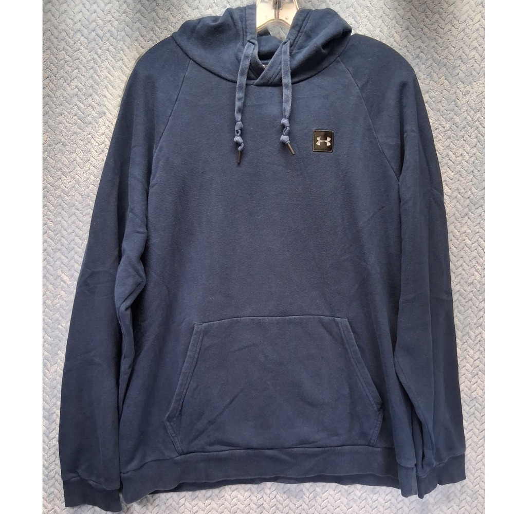 Under Armour Mens XL Navy Blue Rival Fleece Pullover Hoodie Logo Patch Raglan
